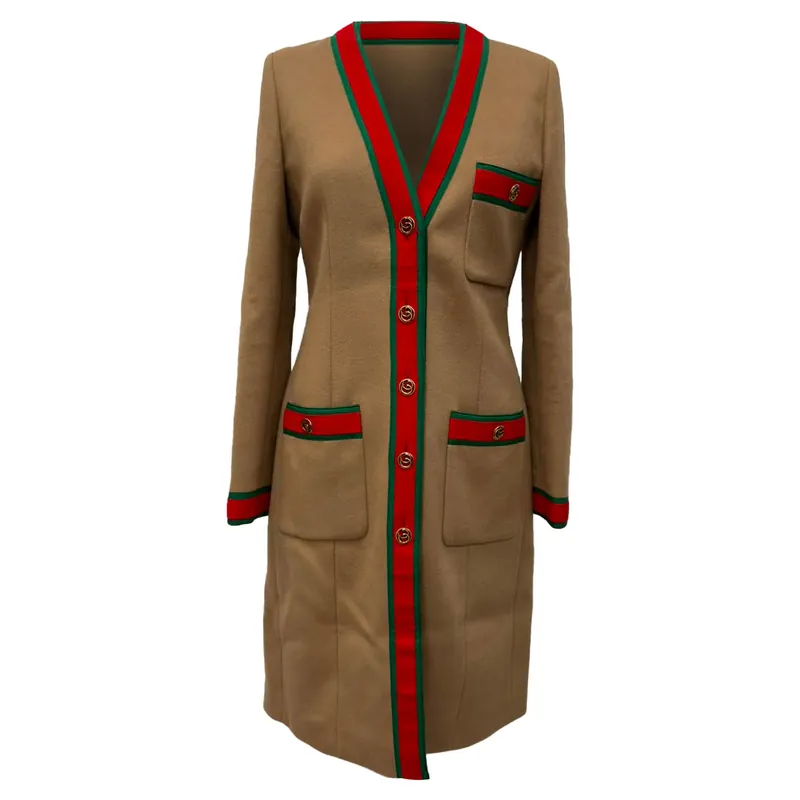 Preloved GG Web Single-Breasted Coat in Brown Wool
