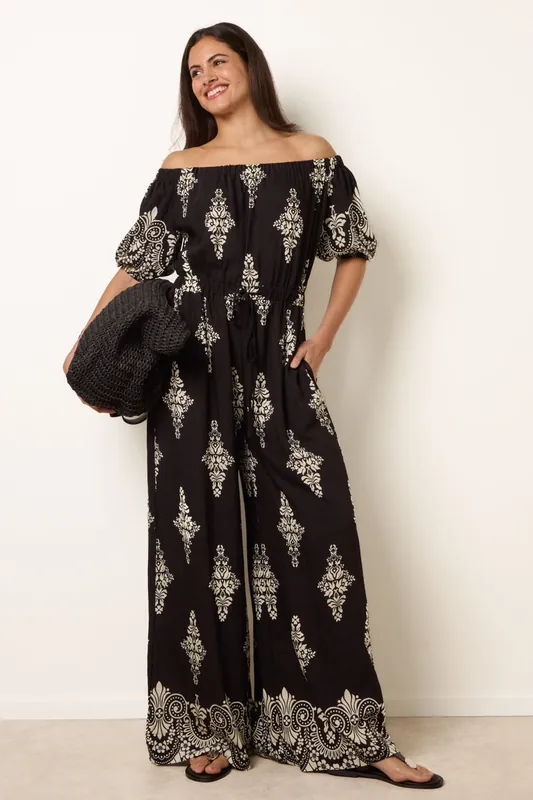 Black Printed Off Shoulder Jumpsuit - Blue Vanilla