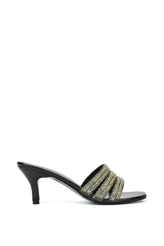 Harli' Diamante Mid Stiletto Heel Square Toe Mule Heels - XY London