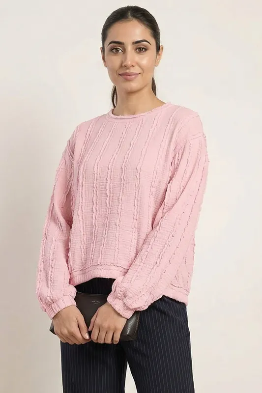 Pink Ruffle Detailed Sleeve Top - Blue Vanilla
