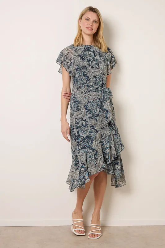 Navy Paisley Print Angel Sleeve Asymmetric Midi Dress - Blue Vanilla