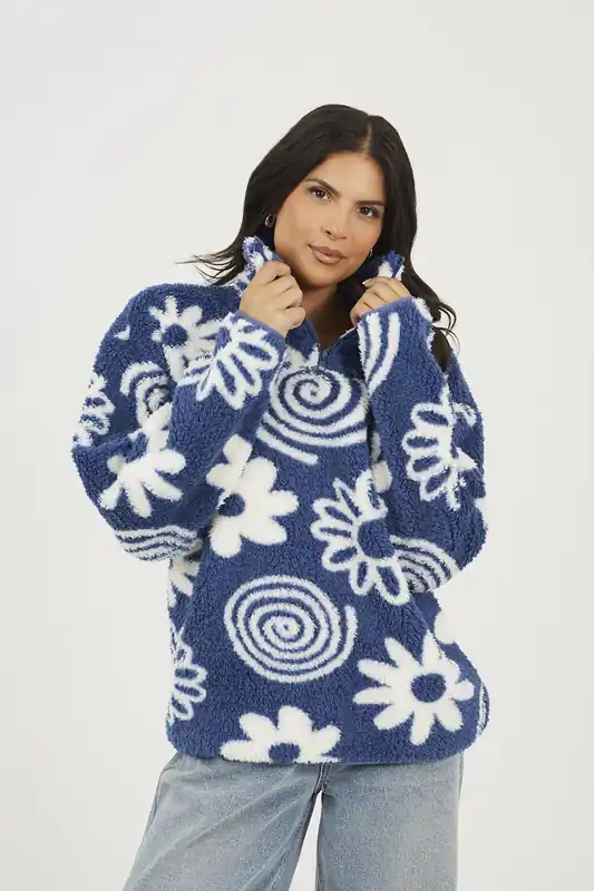 Quarter Zip Flower Print Sherpa Fleece - Brave Soul