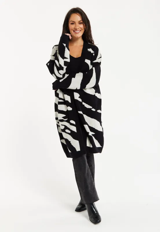 Zebra-Print Long Open Cardigan in Black&White