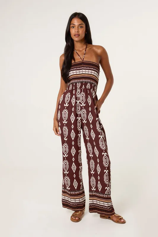 Brown Ethnic Print Strapless Elasticated Jumpsuit - Blue Vanilla