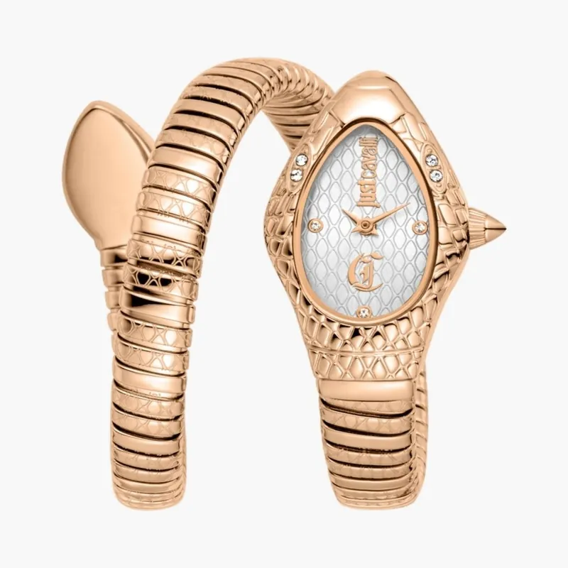 Snake Silver Dial Rose Gold Color Stainless Steel Watch - Just Cavalli