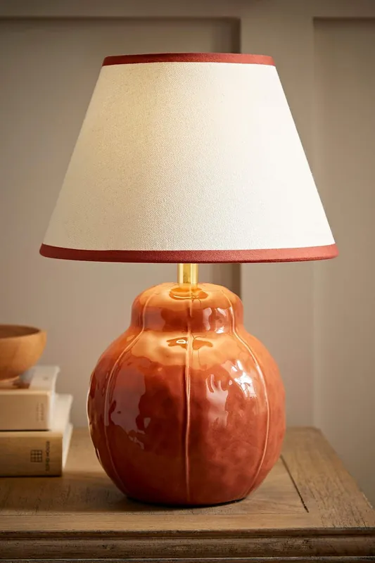 Gourdette Burnt Orange Glazed Table Lamp with Tapered Trim Lamp Shade - ValueLights