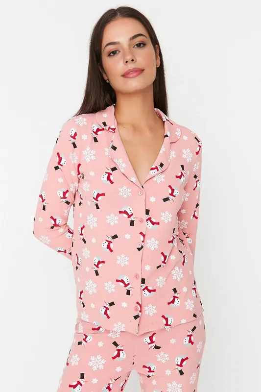 Festive Snowman Print Collared Top & Bottom Lounge Pyjama Set - WOVCOR