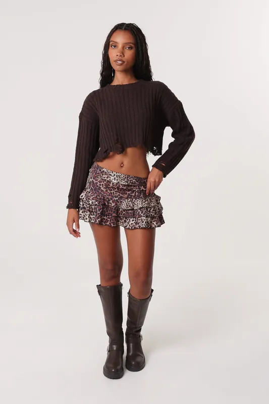 Brown Distressed Crop Knit Jumper - Pink Vanilla