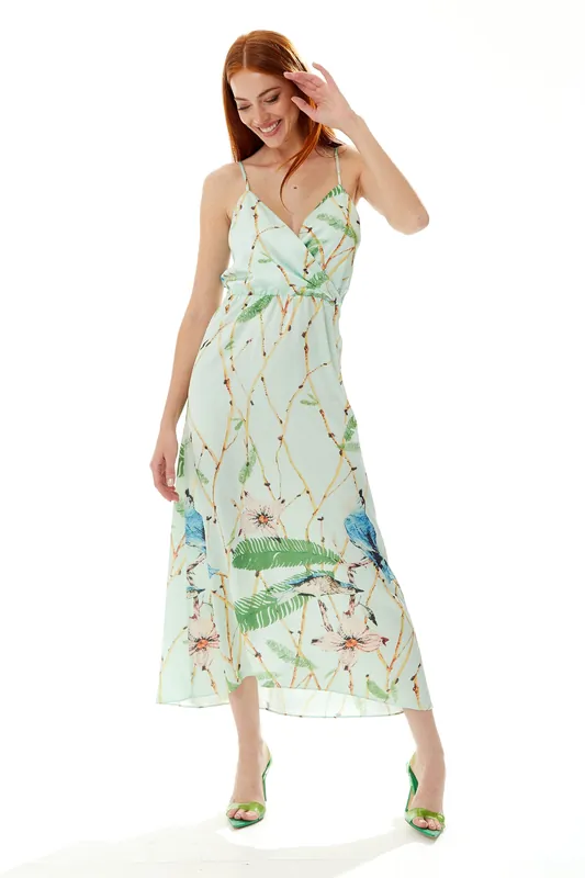 Bird Print Cami Maxi Dress in Mint Green - Liquorish