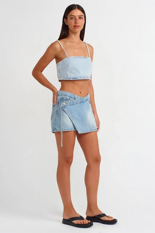 Belted Mini Skater Denim Skirt - Dilvin