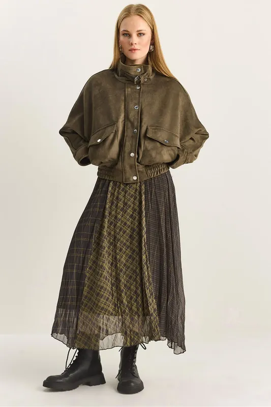 High Waist Midi Skirt in Plaid - Bianco Lucci