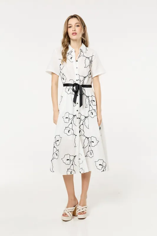 Floral Shirt Midi Dress with Belt - Liquorish