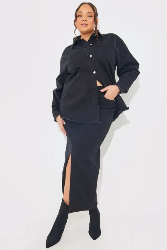 Black Washed Split Detail Denim Maxi Skirt - In The Style