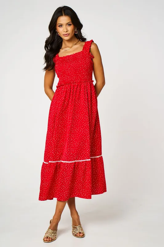 Dot Print Hem Detail Maxi Dress In Red - FS Collection