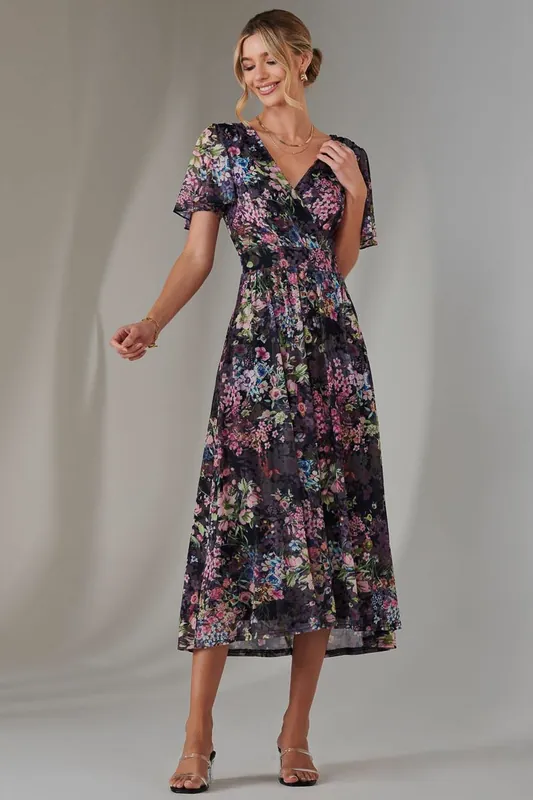 Angel Sleeve Wrap Bodice Mesh Maxi Dress - Jolie Moi
