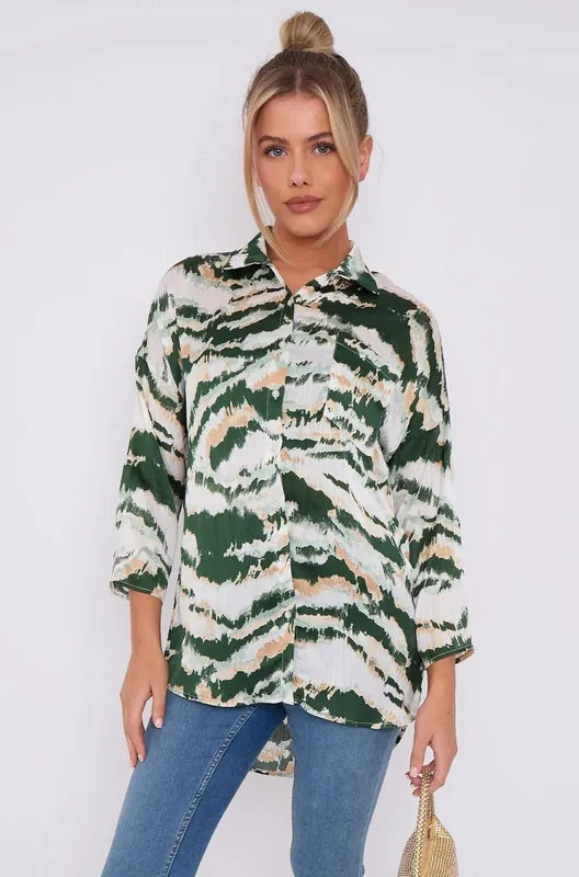 Green Tie Dye Stripe Print Satin Oversized Shirt - Love Sunshine