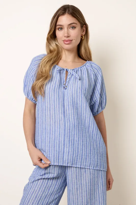 Blue Tie Front Stripe Blouse - Blue Vanilla