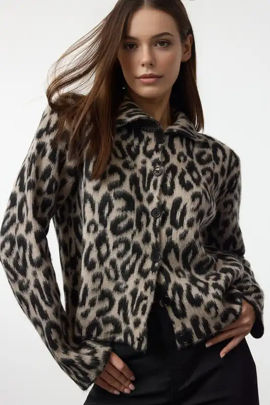 Leopard Print Knit Cardigan With Button Detail - WOVCOR