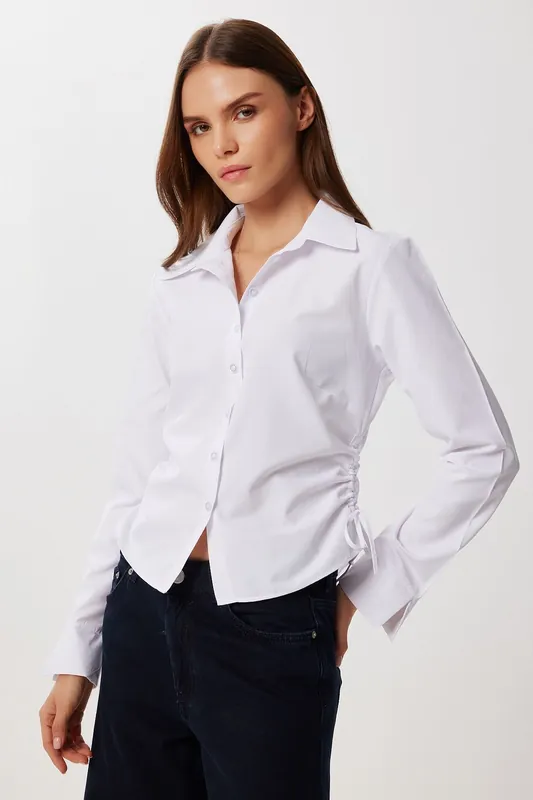 Fitted Poplin Shirt with Gathering Detail - Happiness Istanbul