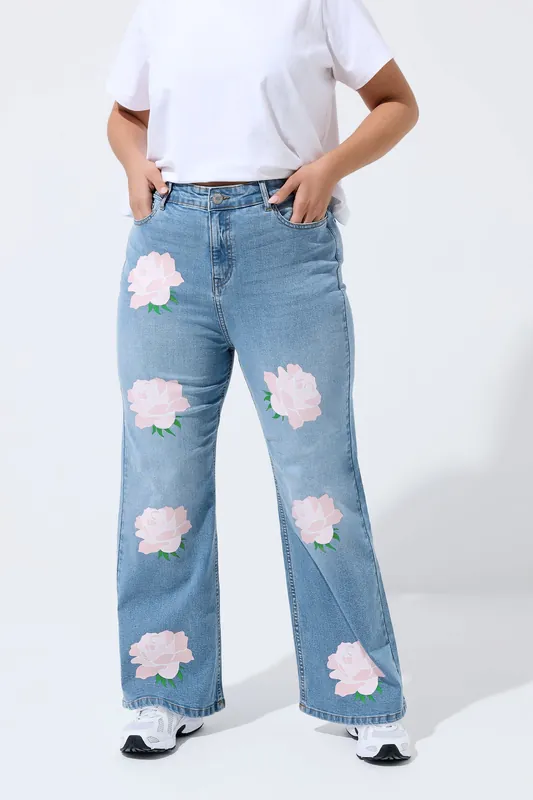 Rose Printed Wide Leg Jeans - Yours