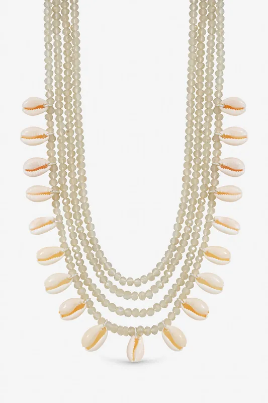 Silver Plated Shell and Bead Multirow Necklace - Mood