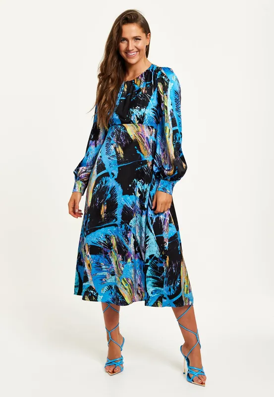 Multicolour Abstract Print Midi Dress With Long Sleeves And Tie Waist - Liquorish