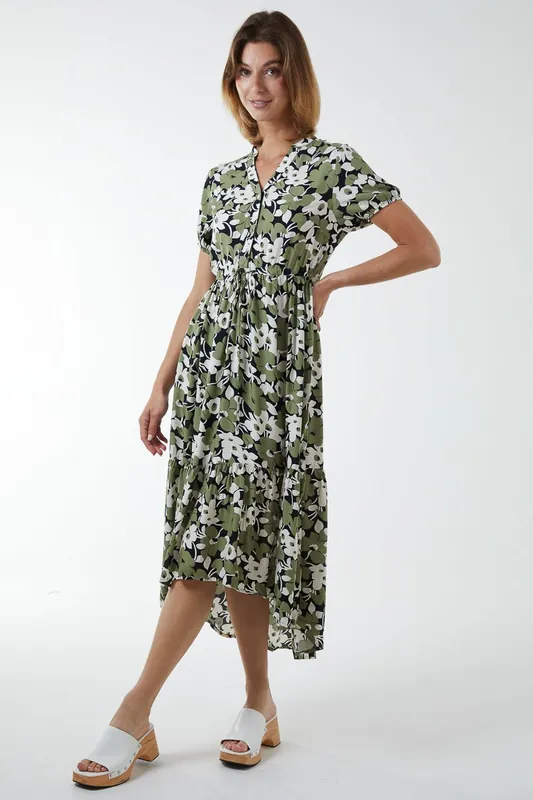 Asymmetric Hem Notch Collar Dress - Blue Vanilla