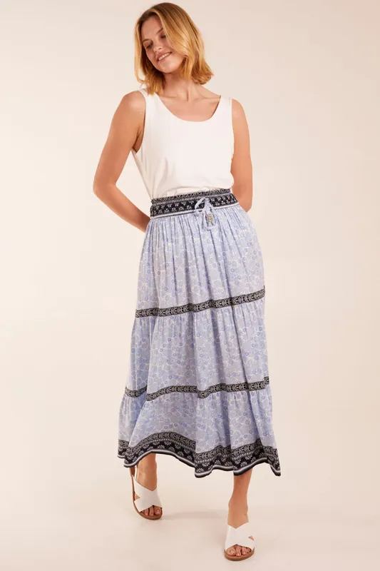 Contrast Printed Tiered Skirt - Blue Vanilla