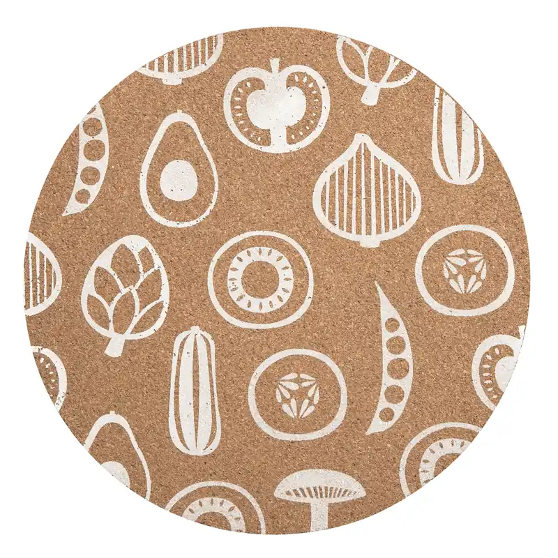 Besa Set of Four Cork Round Placemats, Durable Heat-Resistant Table Mats with White Vegetable Outline Design
