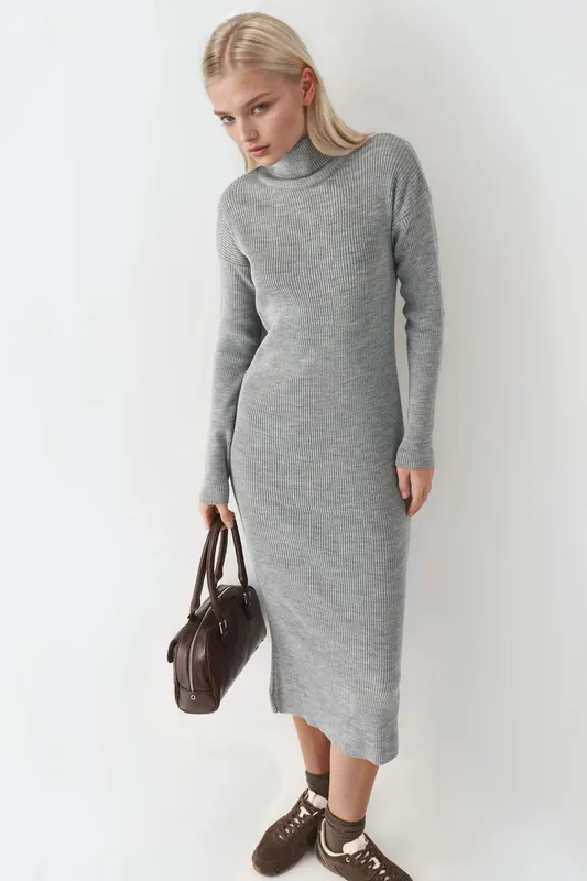 Ribbed Turtleneck Bodycon Knit Dress - MyFashion