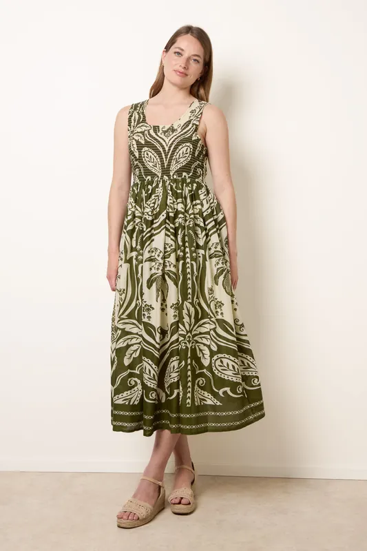 Khaki Sleeveless Shirred Dress - Blue Vanilla