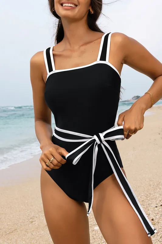 Black Colorblock Edge Belted One Piece Swimsuit - Everyday The Label
