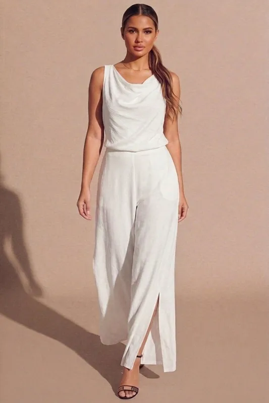 White Draped Cowl Neck Top & Split Hem Trouser Co-Ord Set - Dvaina
