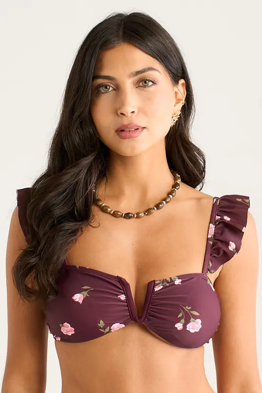 Burgundy Ruffle Strappy V Bar Bikini Top - Gini London