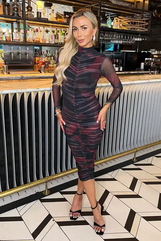 Burgundy And Black Smudge Print Long Sleeve Ruched Bodycon Mesh Midi Dress - AX Paris