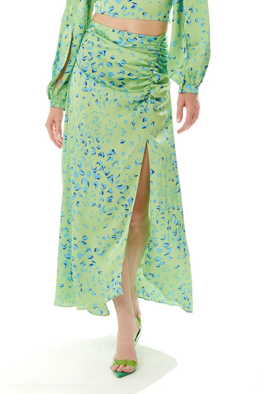 Gathered Front Maxi Skirt With a Slit in Green Animal - Liquorish