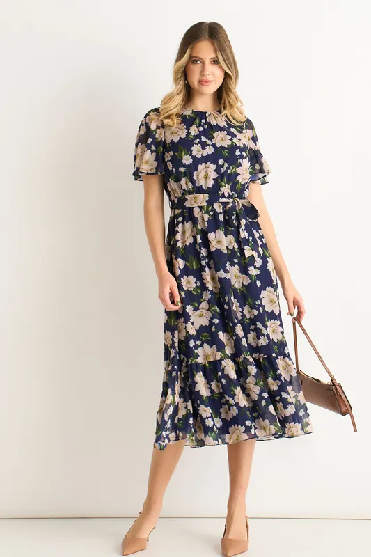Navy Floral Print Fit and Flare Midi Dress - Gini London