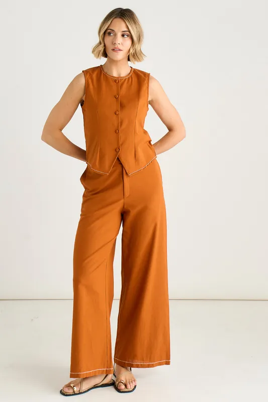 Rust Contrast Embroidery Stitch Detail Trouser - Gini London