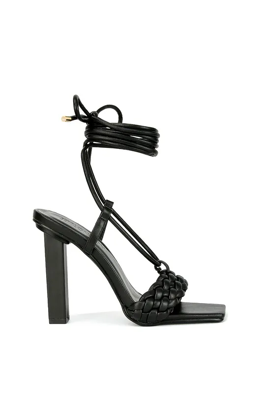 Mira' Woven Strap Lace Up Strappy Block Square Toe Heels - XY London