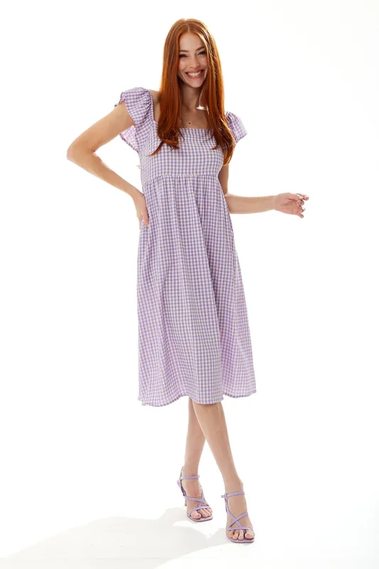Cut out back Midi Dress in Lilac Gingham - Liquorish