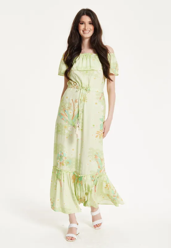 Floral and Bird Print Off Shoulder Maxi Dress in Sage Green - Liquorish
