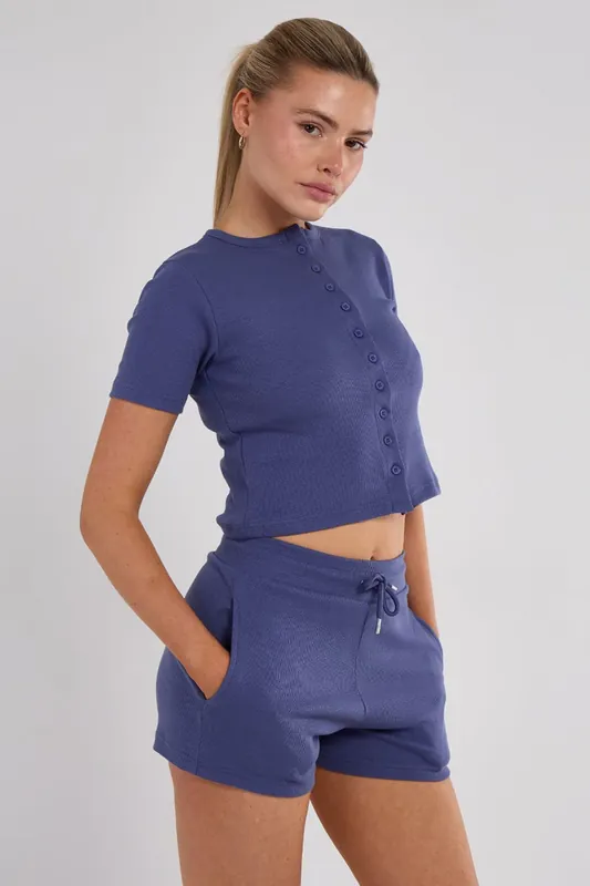 Ribbed Button-Through Short Sleeve Top and Shorts Co-ord