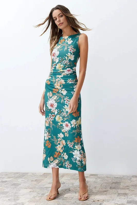 Floral Print Sleeveless Ruched Waist Midi Dress - WOVCOR