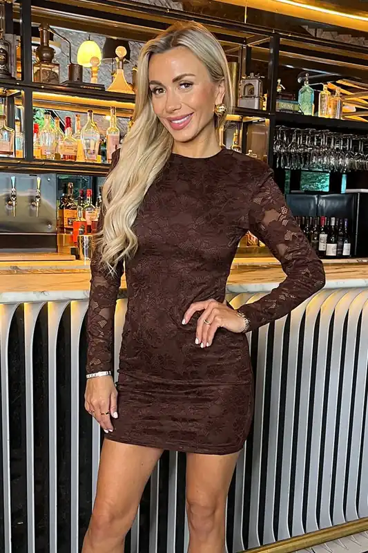 Chocolate Lace Long Sleeve Bodycon Mini Dress - AX Paris