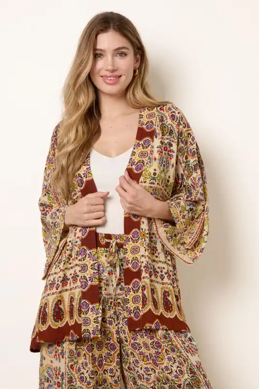 Multi Paisley Print Kimono With Embellishment - Blue Vanilla