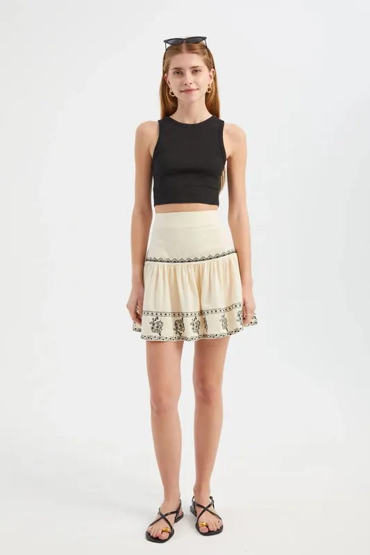 Embroidered High Waist Frilled Mini Skirt - Hiccup