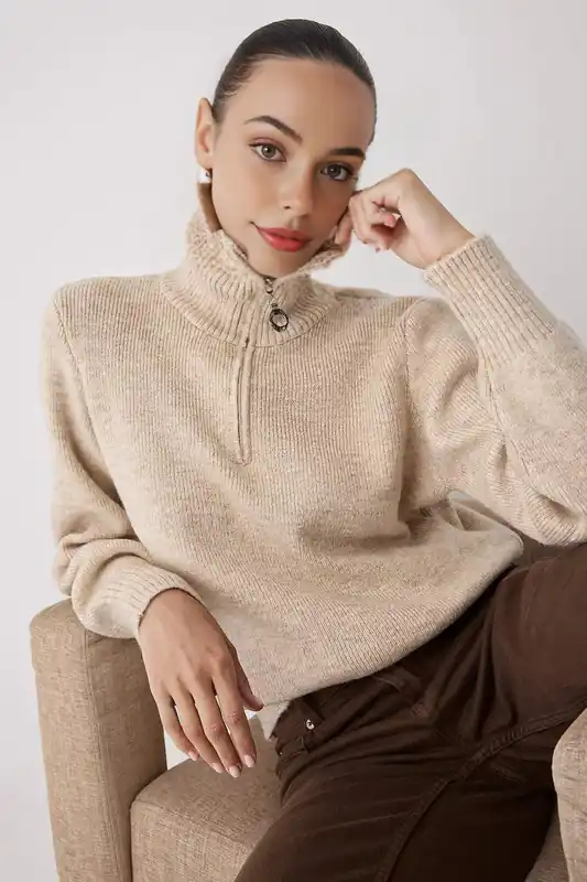 Zip-Detail Ribbed Knit Sweater