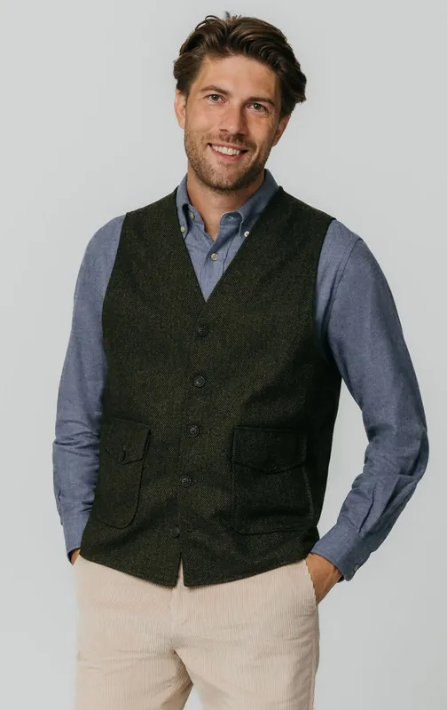 Green Herringbone Tweed Waistcoat - Dobell