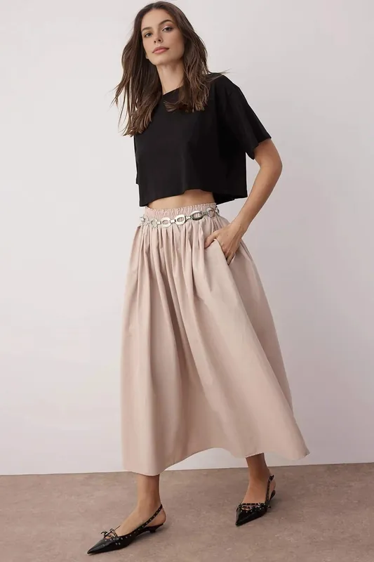 Flared Maxi Woven Skirt with Elastic Waist and Fluid Drape - WOVCOR