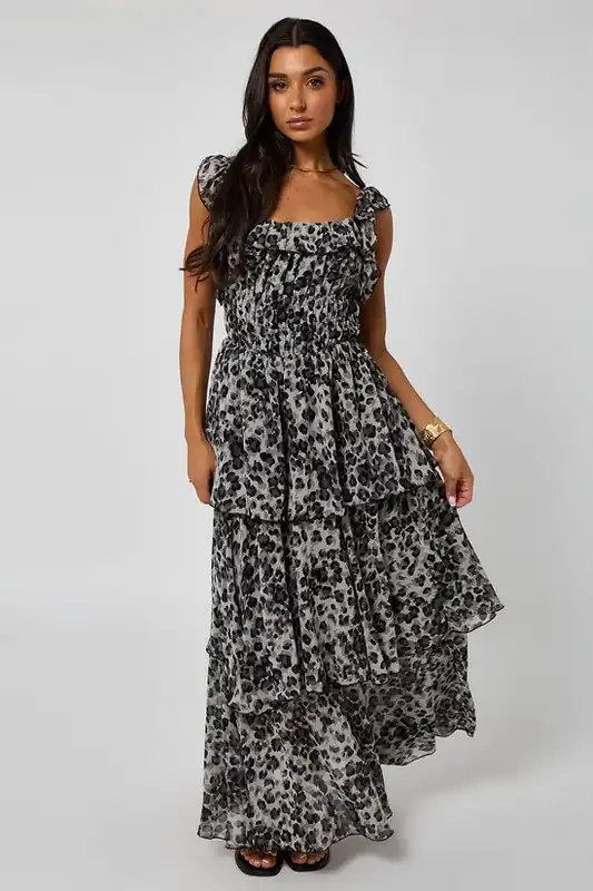 Grey Leopard Tiered Midaxi Dress with Ruffles - Urban Bliss